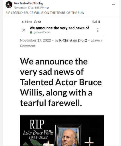 Content of Facebook post related to Is Bruce Willis Really Dead