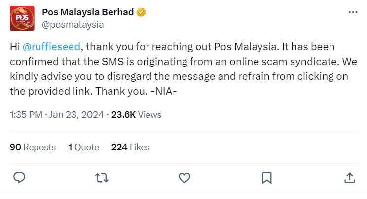 What does POS Malaysia Berhad say about the scam